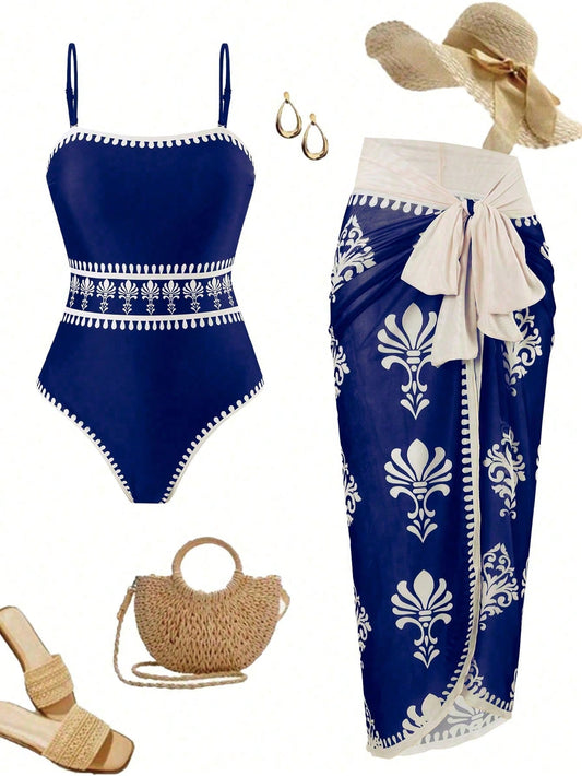 2026 New 2-Piece Swimsuit Set, Blue Floral Print One-Piece + Wrap Skirt Cover-Up