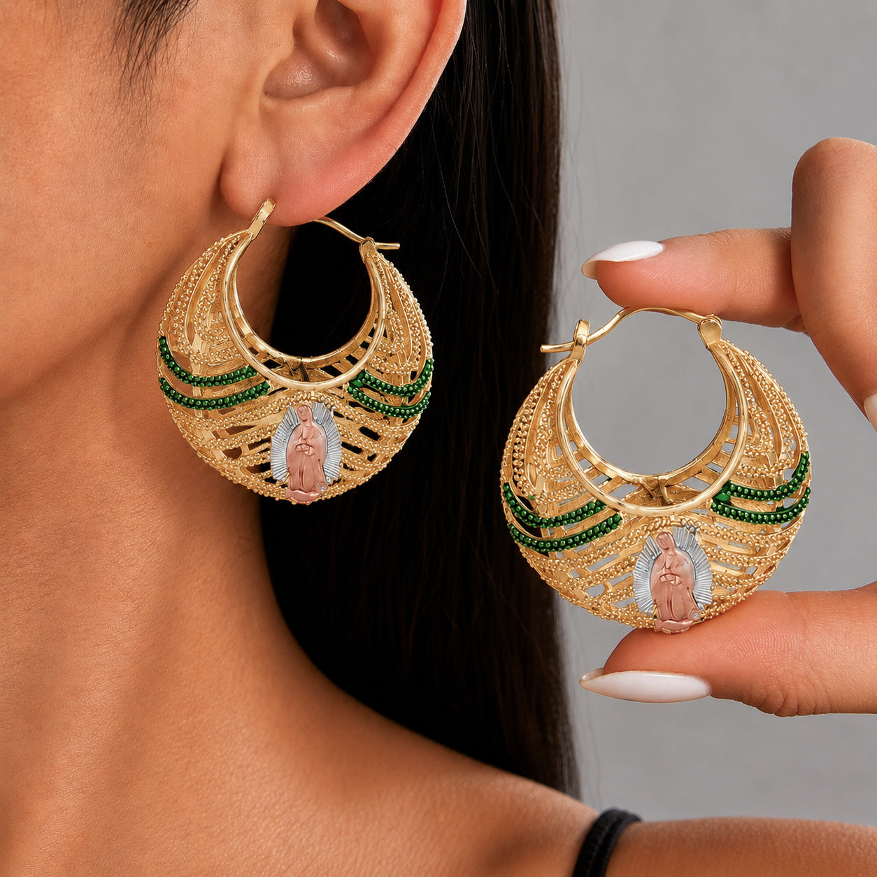 Cross-Border Hot-Selling French Retro Hollow-Out Earrings With Virgin Mary Portrait And Red Rose Enamel, Ethnic Style Holiday Accessories