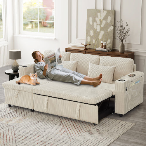 3 In 1 Convertible Corduroy Sofa Bed With Storage Chaise, L Shaped Sleeper Sofa Couches With Armrest Storage And Charging Station. Pullout Sectional Daybed For Living RoomBedroomOffice, Grey