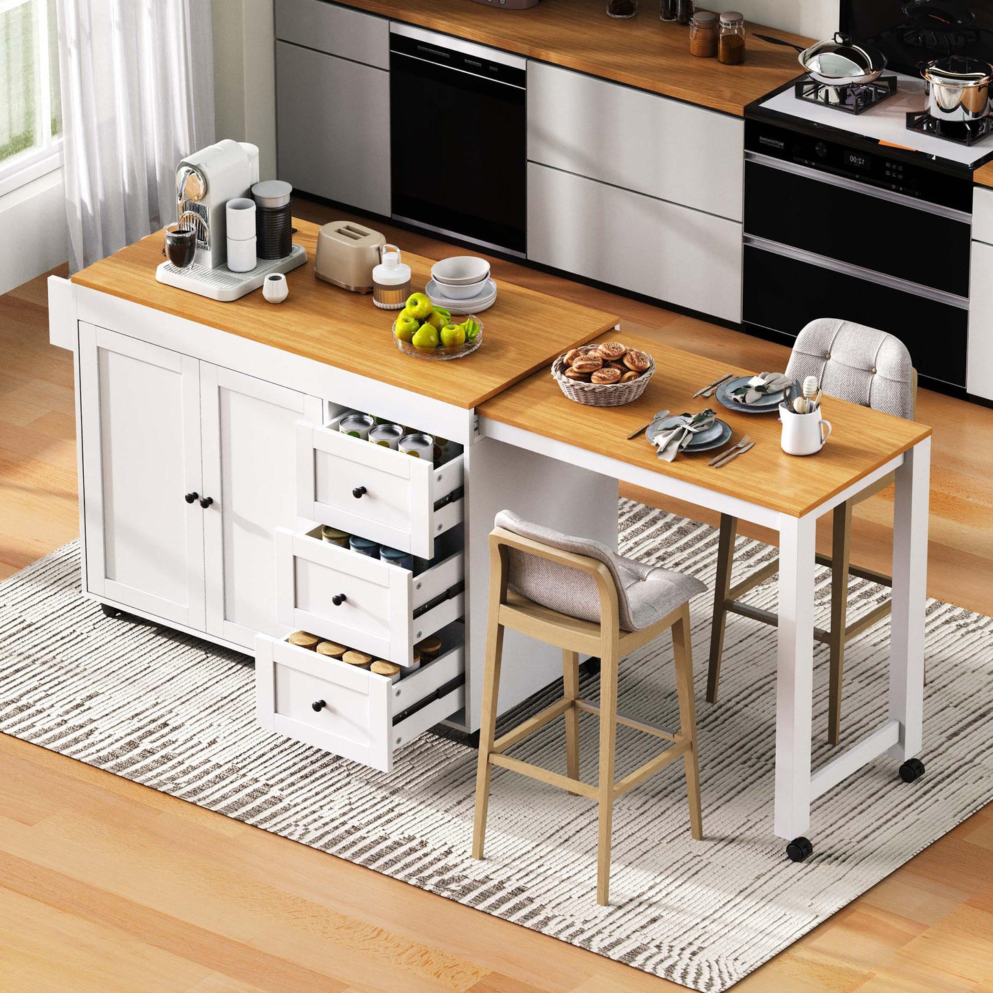 K&K 74.8   Kitchen Island With Extendable Dining Table, Kitchen Storage Cart With 3 Drawers, Power Outlet, Rolling Kitchen Island On Wheels With Spice Rack And 2 Door Cabinet, For Kitchen, White