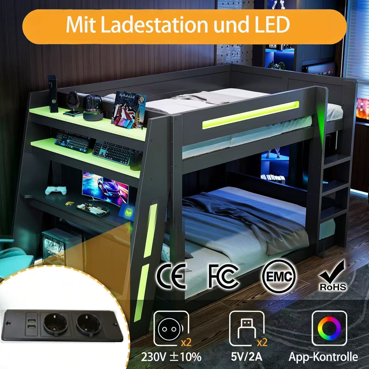 140x200 Cm Wooden Gaming Bunk Bed With Desk, Two Storage Compartments, USB Port And LED Lighting, Black Green