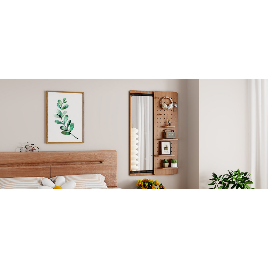 Wall Mounted Full Length Mirror, Full Body Mirror With Shelf, Full Body Mirror With Hook Wall Mounted Mirror With Multifunctional Design Panel, Bedroom Living Room Entrance Cherry 47.6x15.7in