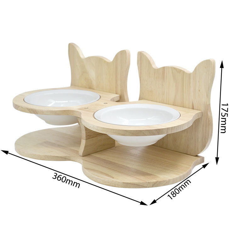 Bamboo And Wood Pet Cat Food Stand With Ceramic Bowl Tray