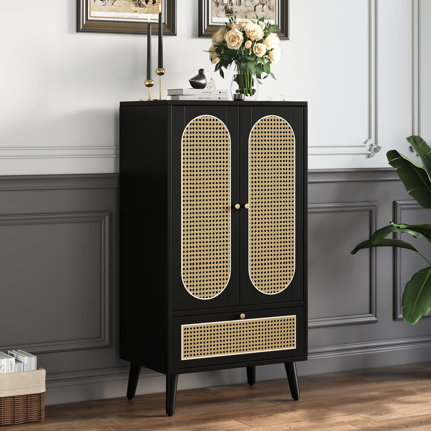 Compact Sideboard 1.1m, Rattan Design, Black, 2 Doors, 1 Drawer, Highboard, Dining Room Cabinet, Bookshelf - Versatile Storage Solutions