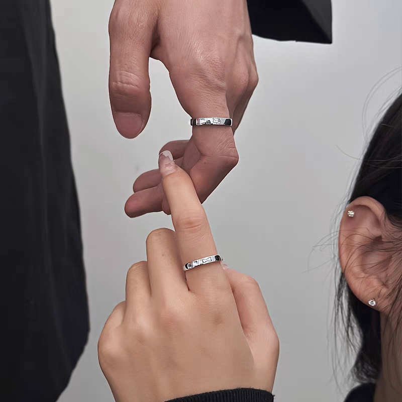 1 Pair 999 Sterling Silver Dog & Bone Couple Rings, Cute Adjustable Promise Rings, Ideal Valentine's Day Gift For Lovers