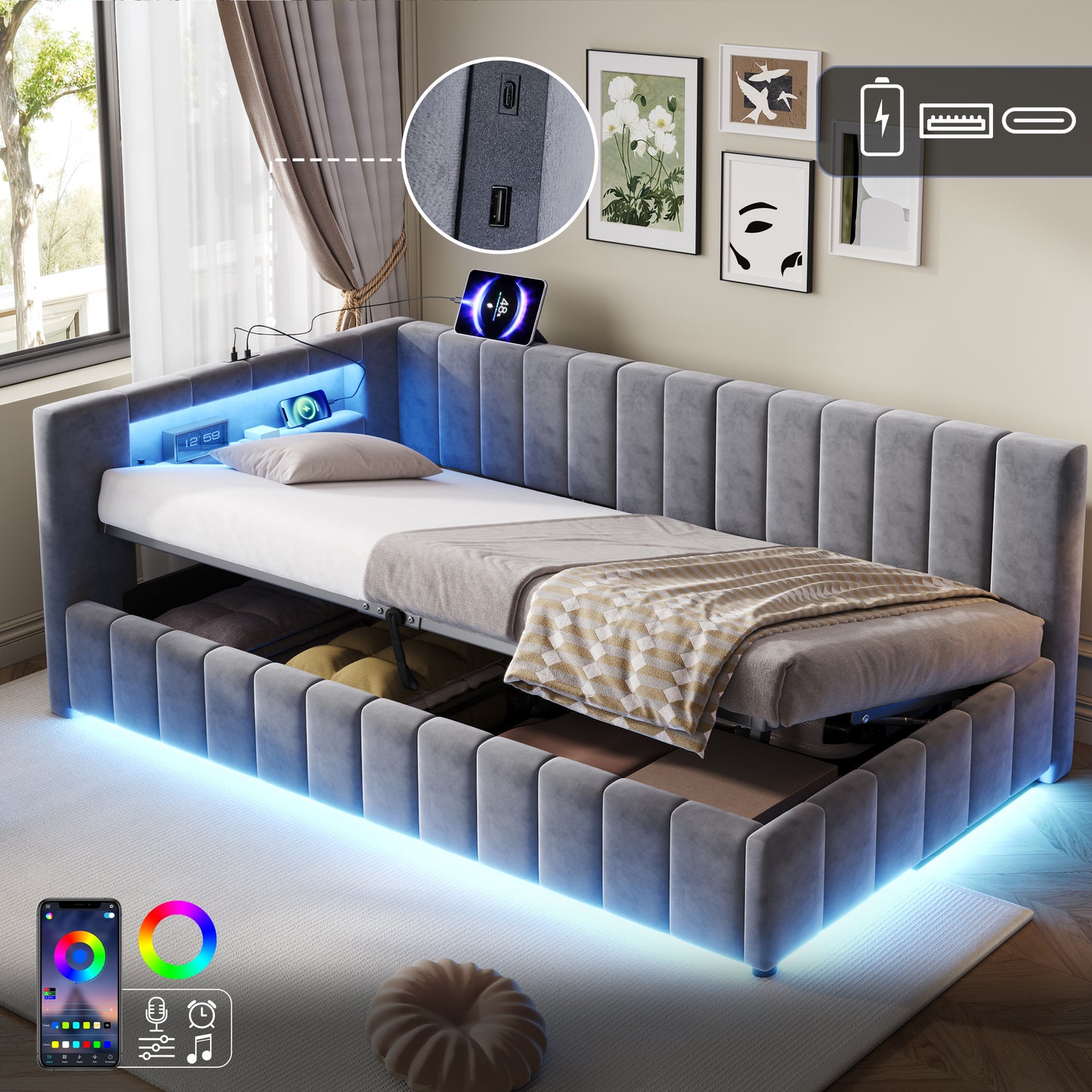 3ft Single Velvet Side Hydraulic Storage Bed With Smart RGB LED Lights & Charging Station, Side Opening Ottoman Bed Frame With Type-C & USB Ports, Channel Tufted, Grey  No Mattress