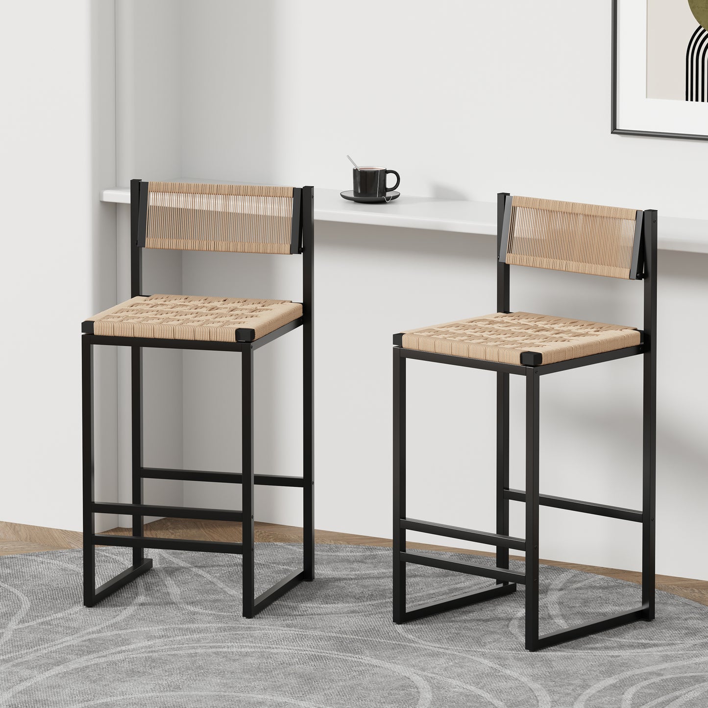 Kitchen Bar Stools With Footrest Set Of 2 Paper Rope Weave Dining Chairs Counter Height Barstool  Style B Black & Honey