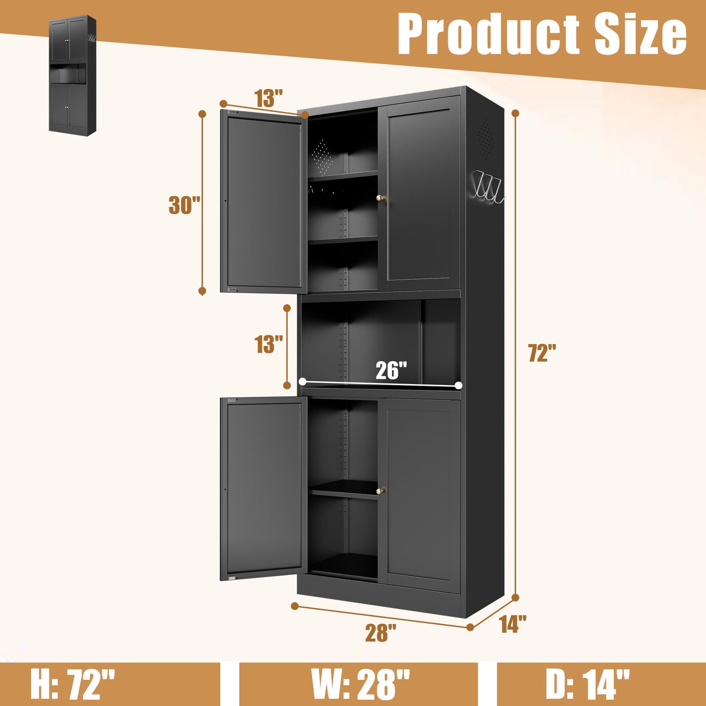 72  High Black Steel Kitchen Pantry Storage Cabinet With Large Countertop, Adjustable Shelves And Hooks, Heavy-duty Modern Style Cabinet