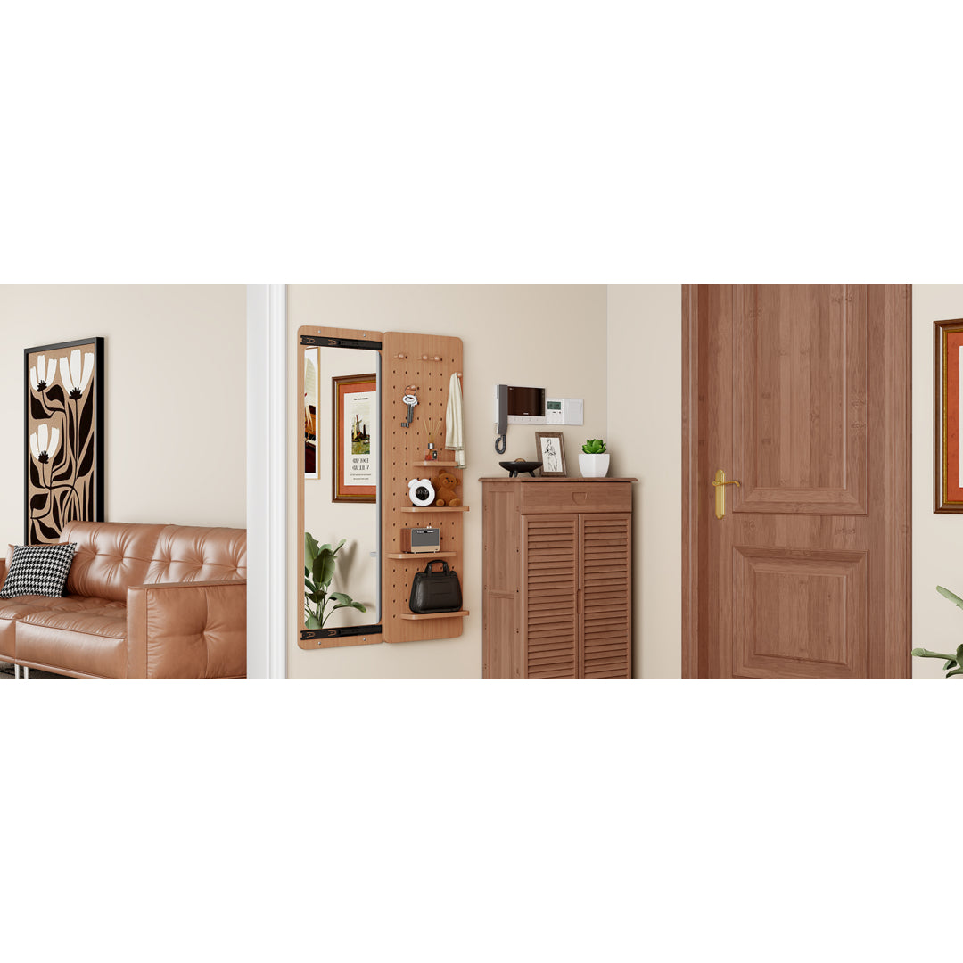 Wall Mounted Full Length Mirror, Full Body Mirror With Shelf, Full Body Mirror With Hook Wall Mounted Mirror With Multifunctional Design Panel, Bedroom Living Room Entrance Cherry 47.6x15.7in
