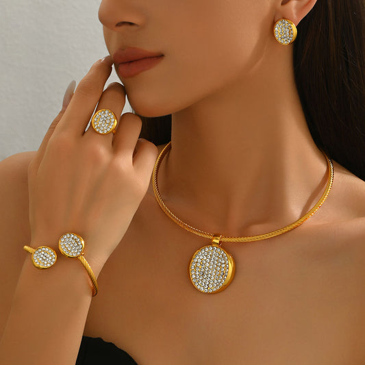 Cross-border Vintage European American Jewelry Set Includes Necklace, Earrings & Bracelet, Geometric Design Inlaid Clear Cubic Zirconia, Round Tag Pendant Clavicle Chain Wrist Accessories For Women