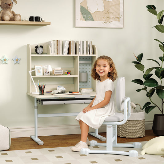 Kids Study Desk and Chair Set with Adjustable Height, Tiltable Desktop, Hutch and Drawer for Ages 3-12, Gray