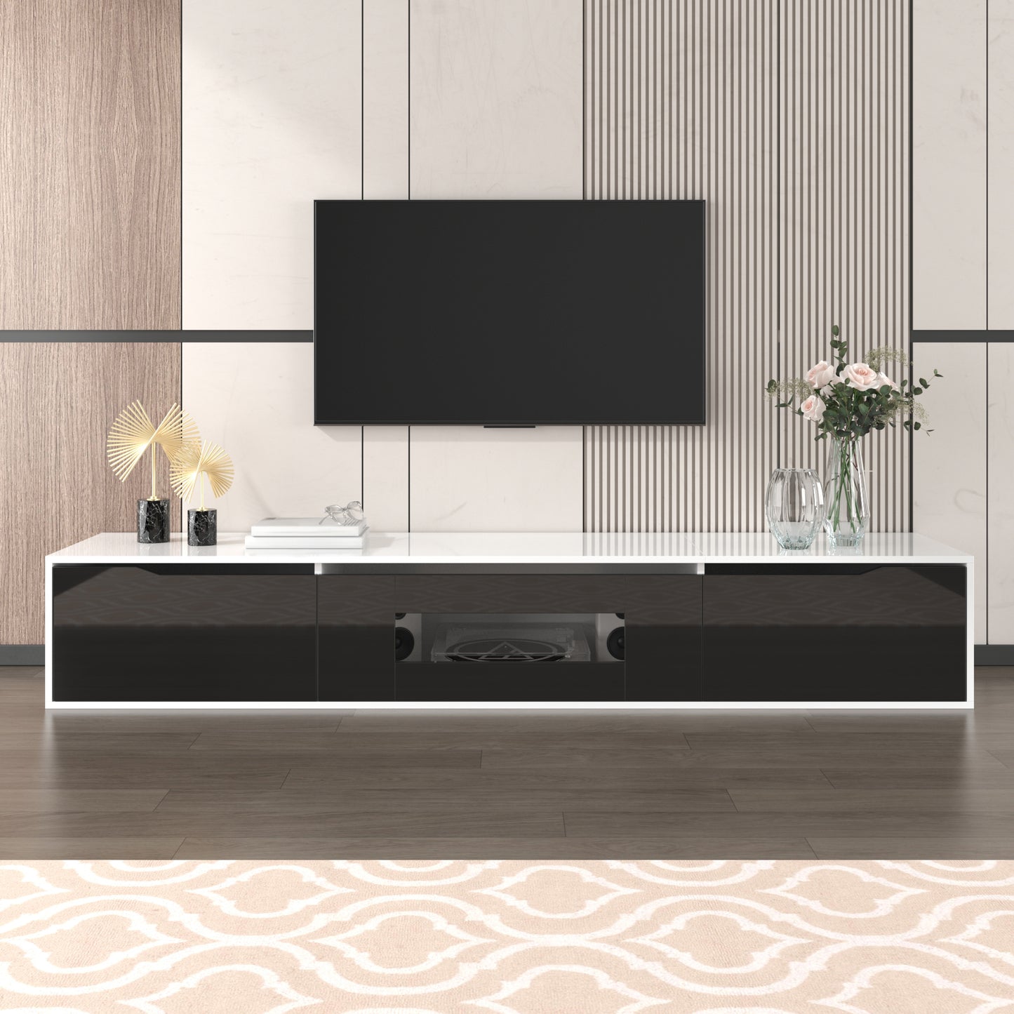 Modern Display Cabinet & TV Cabinet, High-gloss In Black And White, With Colour-changing LED Lighting  Front In Black High-gloss