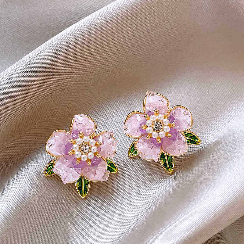 Korean Luxury Purple Earrings For Women Crystal Flower Rhinestone Studs Versatile