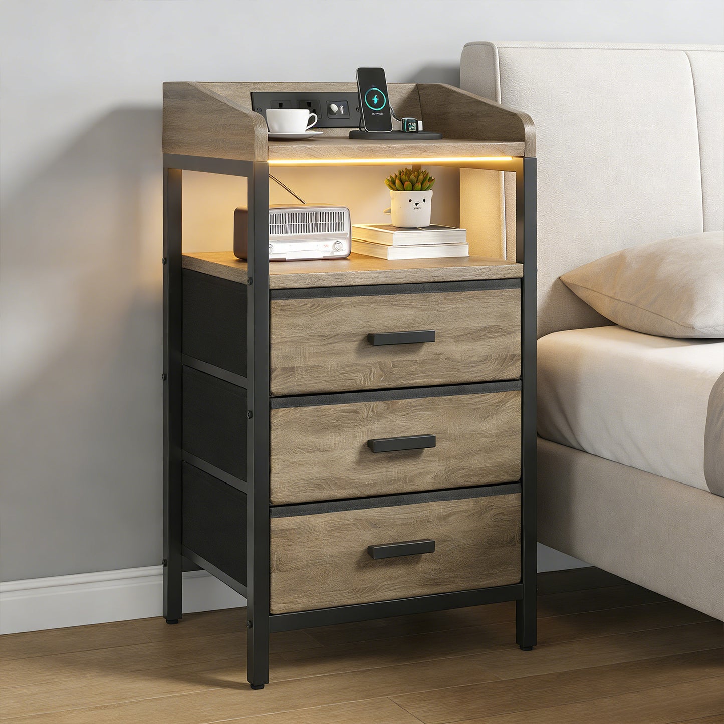 2 Pack Night Stand With Charging Station And Light Bedside End Table With 3 Fabric Drawers 2 USB Ports And Outlets For Bedroom
