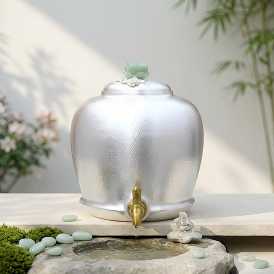 925 Sterling Silver Hammered Silver Metal Urn with Jade Flower Lid and Brass Tap for Elegant Decor - Handicraft