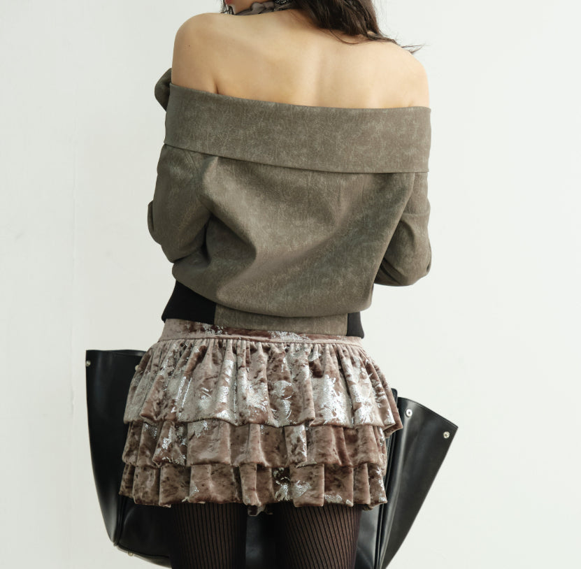 High-fashion Velvet Off-shoulder Lace-trimmed Mini Skirt