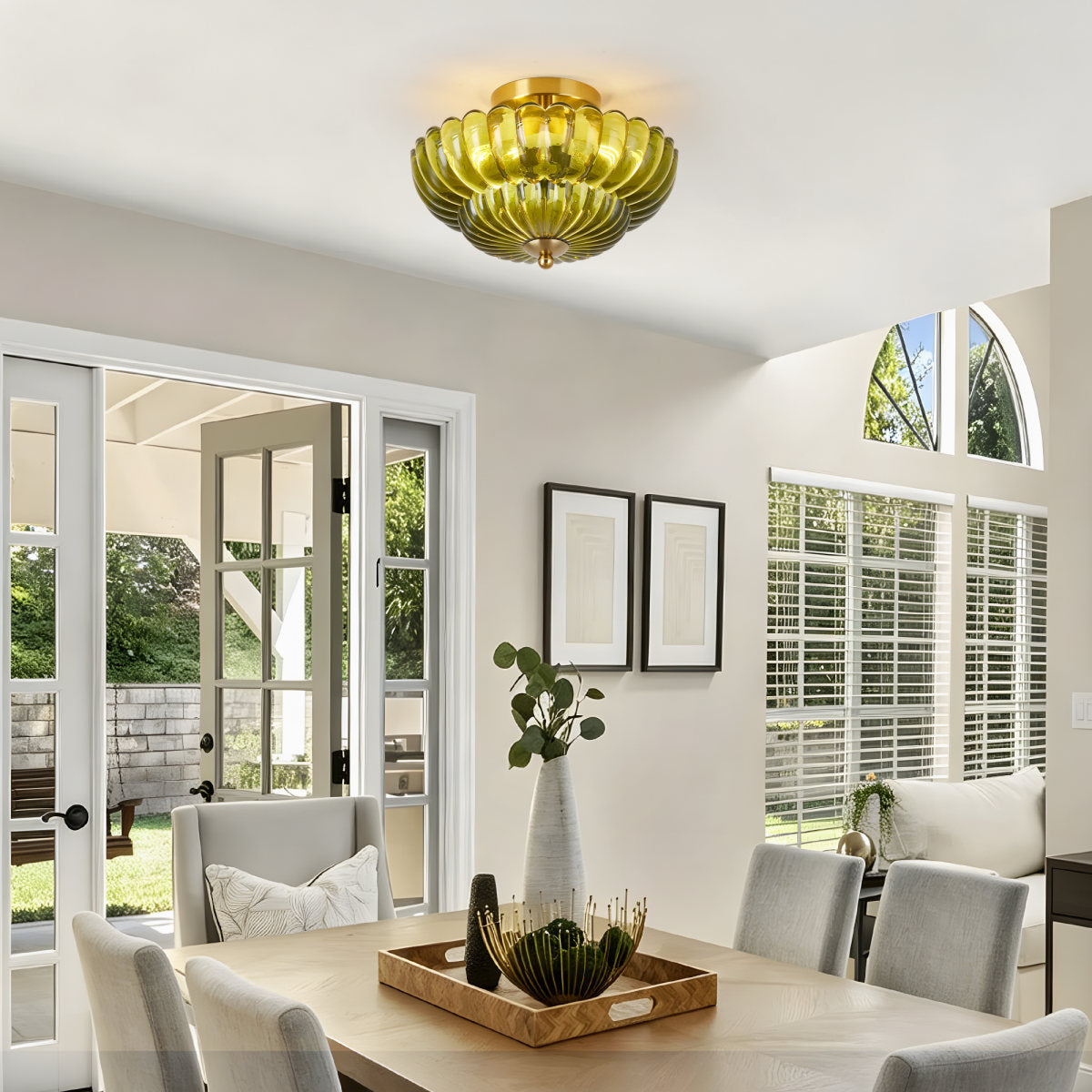 11.8 inch Kitchen Ceiling Light, 3-Light Semi Flush Mount Ceiling Lamp with Flower Glass, Vintage Close to Ceiling Light Fixtures for Bathroom Bedroom Hallway Entryway, Green