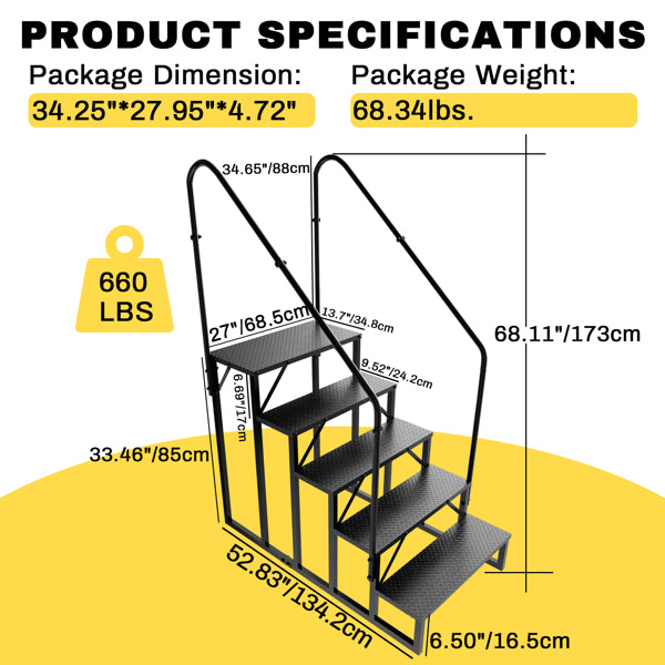 RV Stairs 5 Step Ladder,RV Steps Anti-Slip,Hot Tub Steps With Handrail,660 Lbs RV Ladder For 5th Wheel RV,Mobile Home Stairs