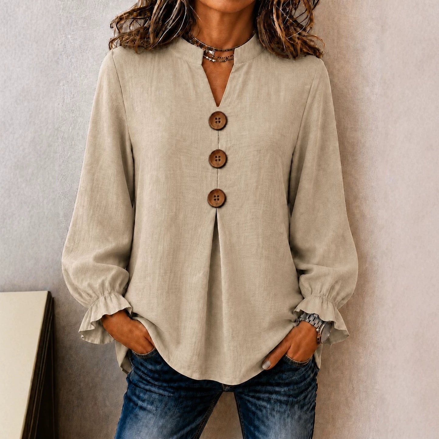 New Womens Fashion Long-sleeve V-neck Solid-color Button-up Top For Fall And Winter