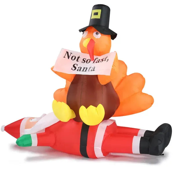 4.9 FT Lighted Christmas Inflatable Decoration, Inflatable Turkey Sitting On Santa Claus, Funny Blow Up Yard Decorations With Built-in LED Lights For Holiday Party Front Yard Lawn Garden Decor