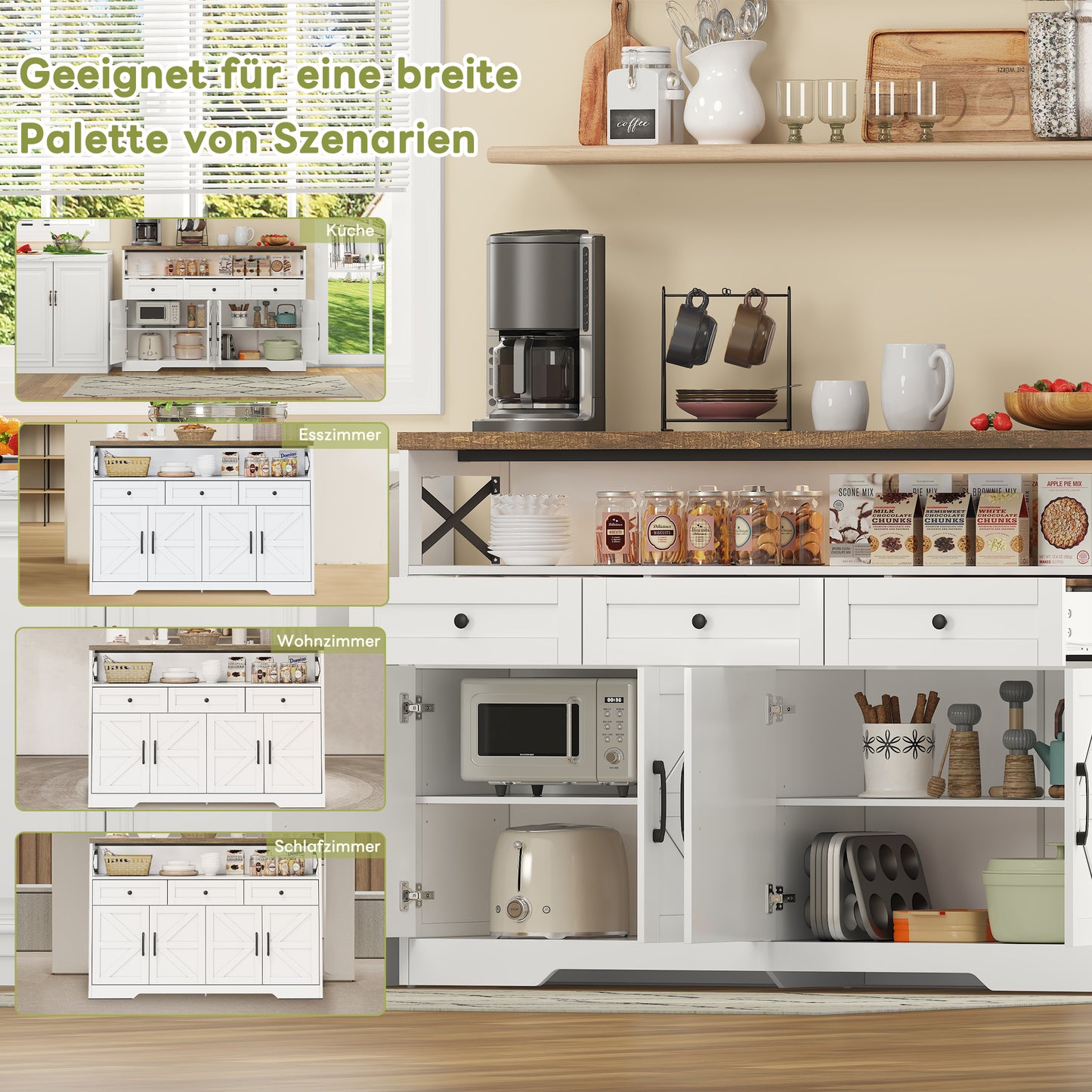 Buffet Sideboard 140cm With Storage Space, Coffee Bar With 3 Drawers, Console In Country Style With Doors, Cabinets With Shelves, Suitable For Kitchen, Living Room, Hallway, Rustic Style White Brown