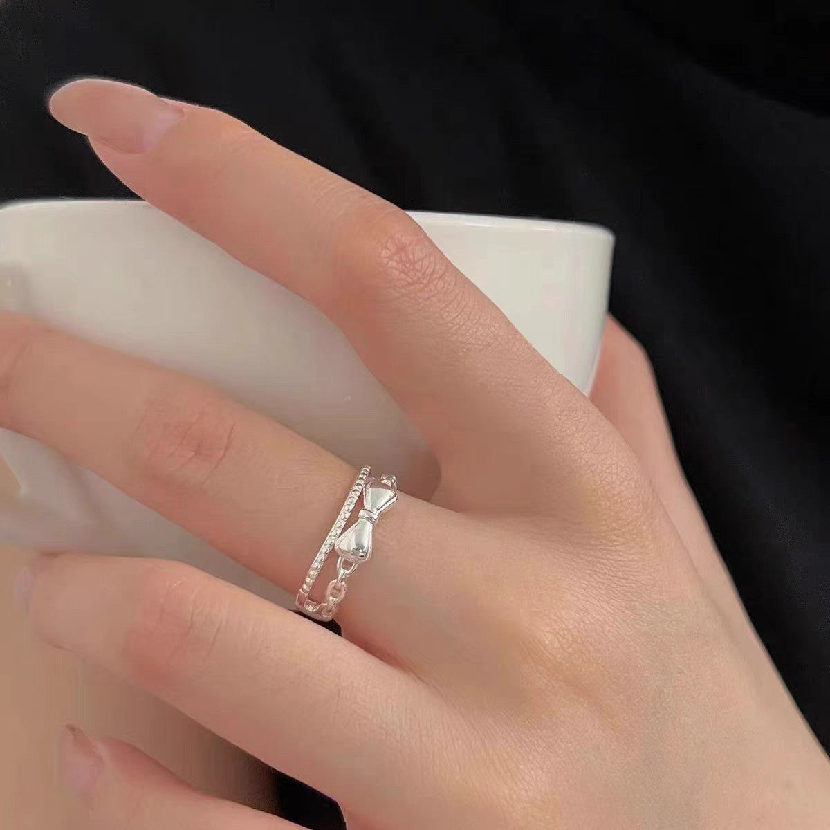 1pc 999 Sterling Silver Double Layer Bow Open Ring, Sweet & Elegant, Perfect For Daily, Dating & Gifting, Ideal Valentine's Gift