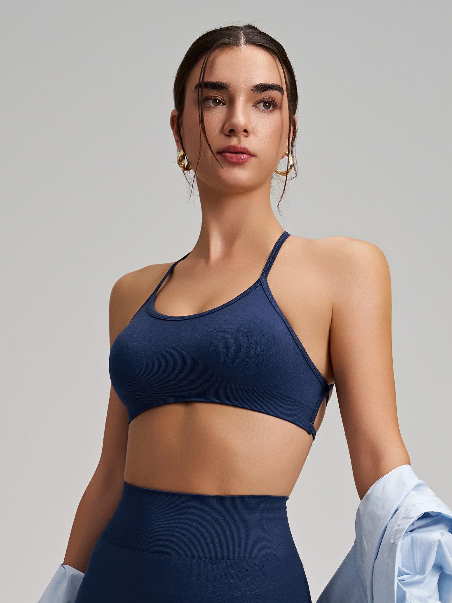 Women's Seamless Thin Strap Cross Back Yoga Outfit Set, Quick-Dry Tight Sports Fitness Bra For Running