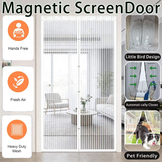 Summer Magnetic Screen Door - White Striped, Easy To Install, Strong Magnet, Automatically Closes Mosquito Net Curtain, Pet Tested, Suitable For Bedroom, Kitchen, Living Room, Dining Room And Balcony,