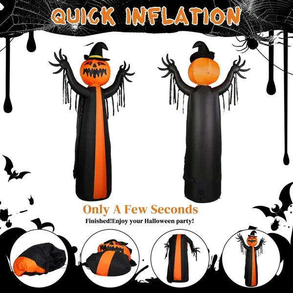 10ft Inflatable Halloween Decor With Rotatable Head Pumpkin Ghost In Cape, 6 Built-in LED Lights, Black & Orange, 12V 2000mA US Power Adapter