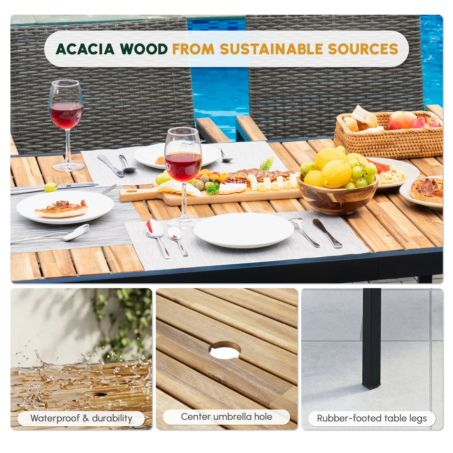 All Weather 7-Piece Patio Dining Table Sets, Patio Conversation Set Acacia Wood Table Top With Umbrella Hole, Rattan Outdoor, Brown Gray Color