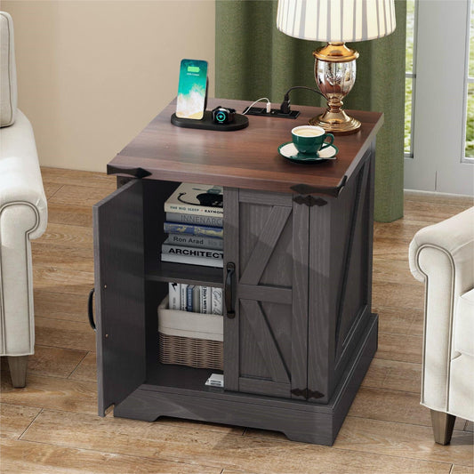ON-TREND Farmhouse End Table With Charging Station, Rustic Wood Nightstand With Adjustable Shelf, 19.6W Versatile Walnut Sofa Side Table With Barn Doors & Retro Hinges For Bedroom, Living Room, Grey