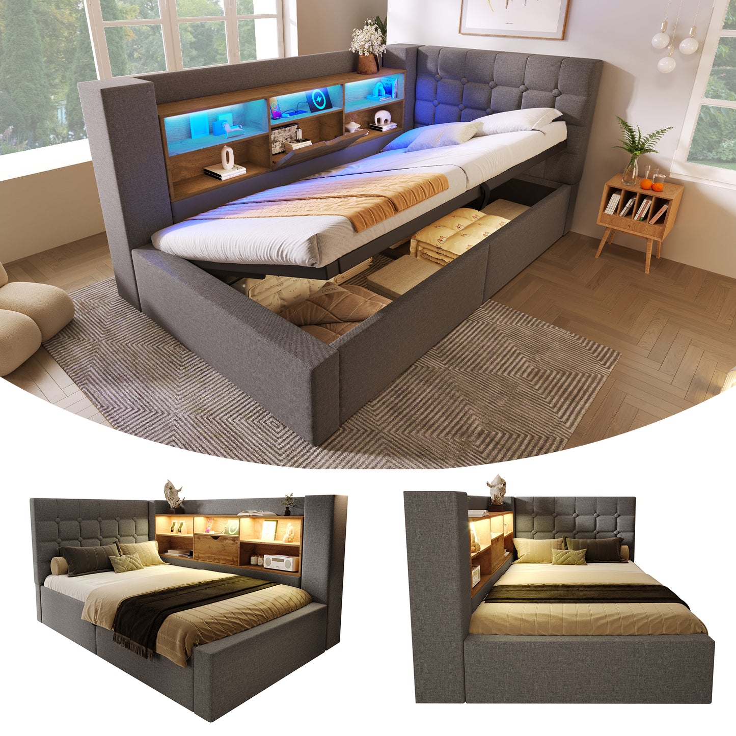 Daybed Upholstered Bed 90 X 190 Cm, 3FT Single Sofa Bed With Hydraulic Storage, USB &Type-C Charging Station, Single Bed For Living Room And Bedroom, Linen, Grey  No Mattress