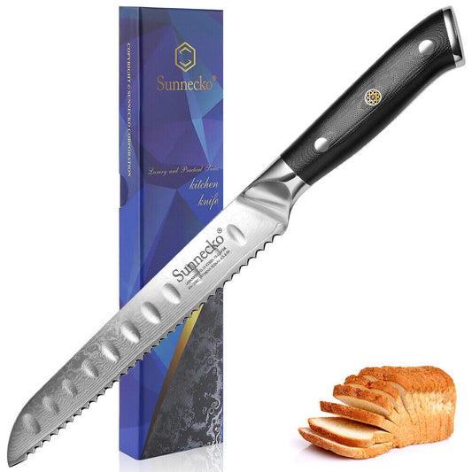 Sunnecko Serrated Bread Knife 8 Inch Damascus Steel Kitchen Sandwich Knife
