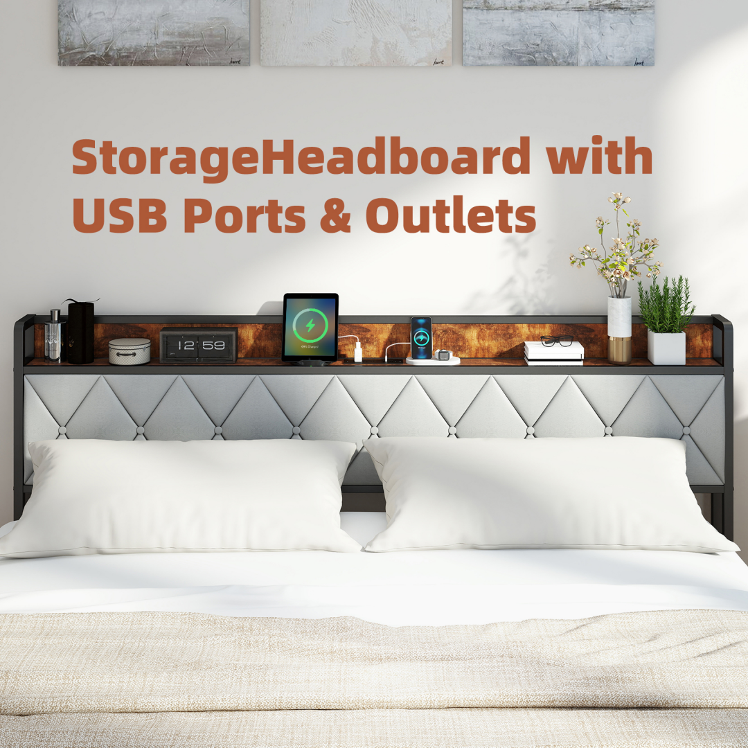 Soft-padded Headboard With Storage, Charging Port, Iron Frame Bed