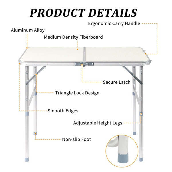 90 X 60 X 70cm Home Use Aluminum Alloy Folding Table White