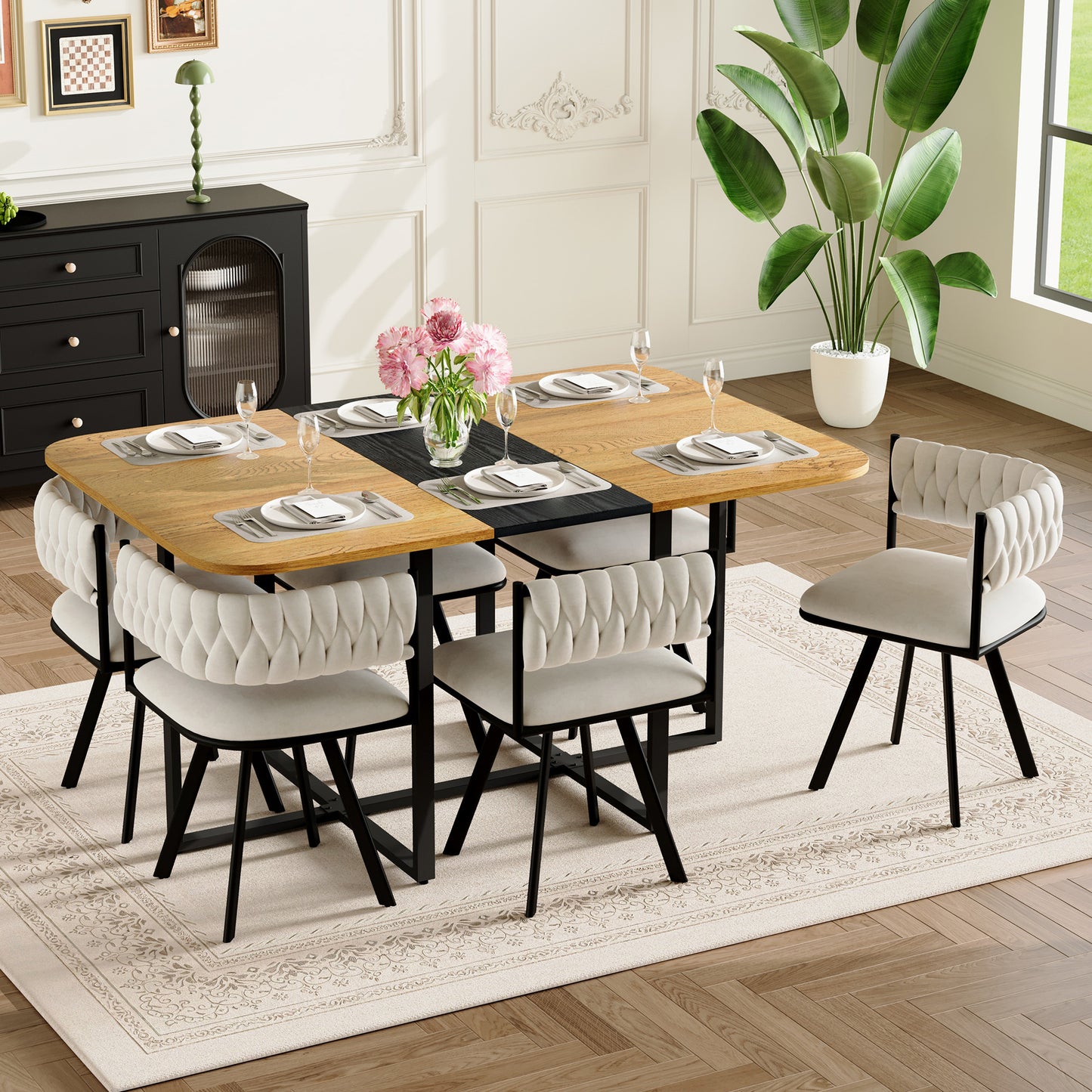 7-Piece Rectangular Dining Table Set, Fixed Two-Tone Wood Grain & Black Triamine Tabletop With 6 Beige Velvet Chairs, Modern Kitchen Table Set For 6 People, Ideal For Small Spaces, Apartment