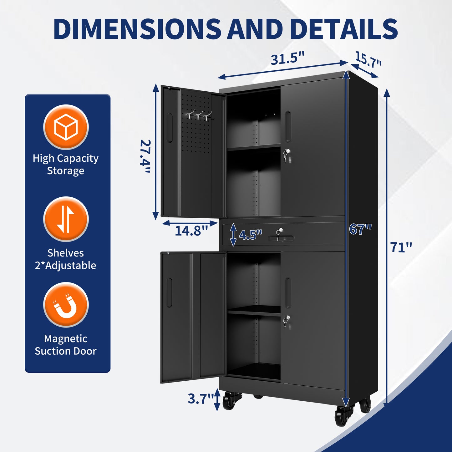 Metal Storage Cabinet With Drawer, 71  Garage Cabinet With Locking Doors And 2 Adjustable Shelves, Heavy Duty Tool Cabinet With Pegboard, 8 Hooks & Rolling Wheels For Home Office Utility