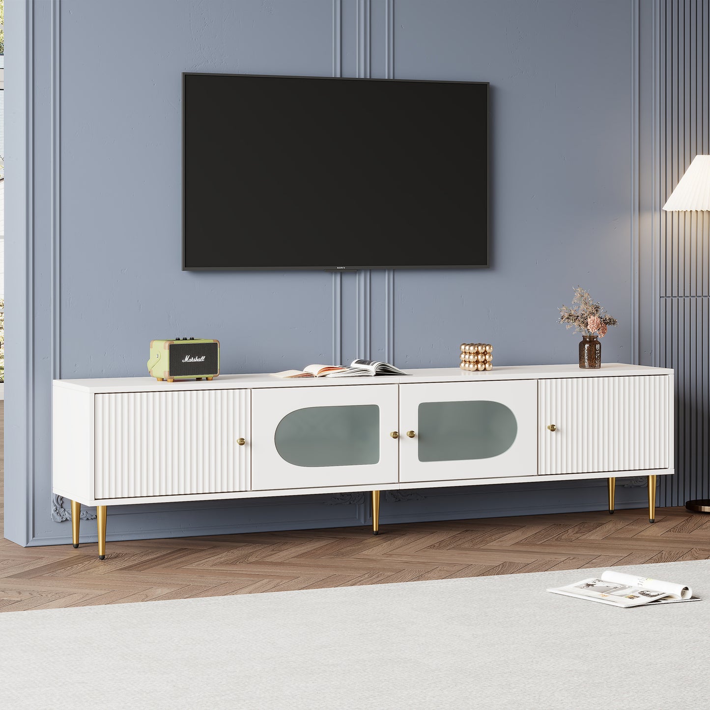 Elegant 170x35x50cm TV Cabinet -White Body With Golden Legs And Handles, 2 Doors With Vertical Grooves, 2 Doors With Arc Glass, 35KG Load Capacity,TV Cabinet,TV Board,TV Base Cabinet