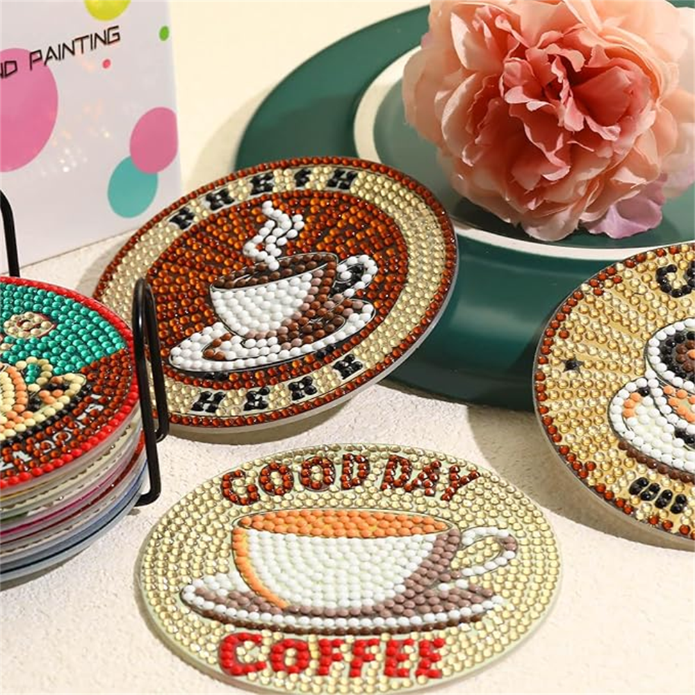 Diamond Art Drawing Coaster With Bracket, DIY Coffee Pattern Diamond Art Coaster, Suitable For Adults And Beginners Diamond Drawing Kit, Diamond Kit Craft Supplies, Exquisite Gifts For Friends