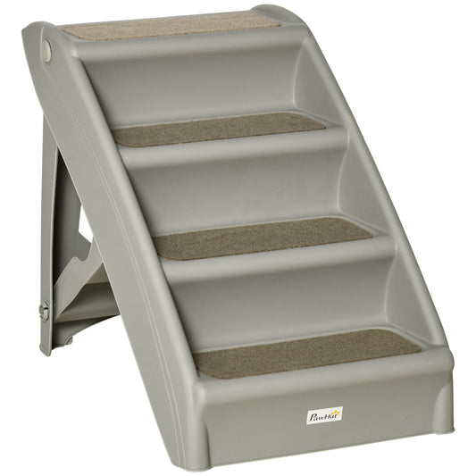 PawHut Foldable Four-Step Pet Stairs, For Cats, Small Miniature Dogs, With Non-Slip Mats 62 X 38 X 49.5cm - Grey