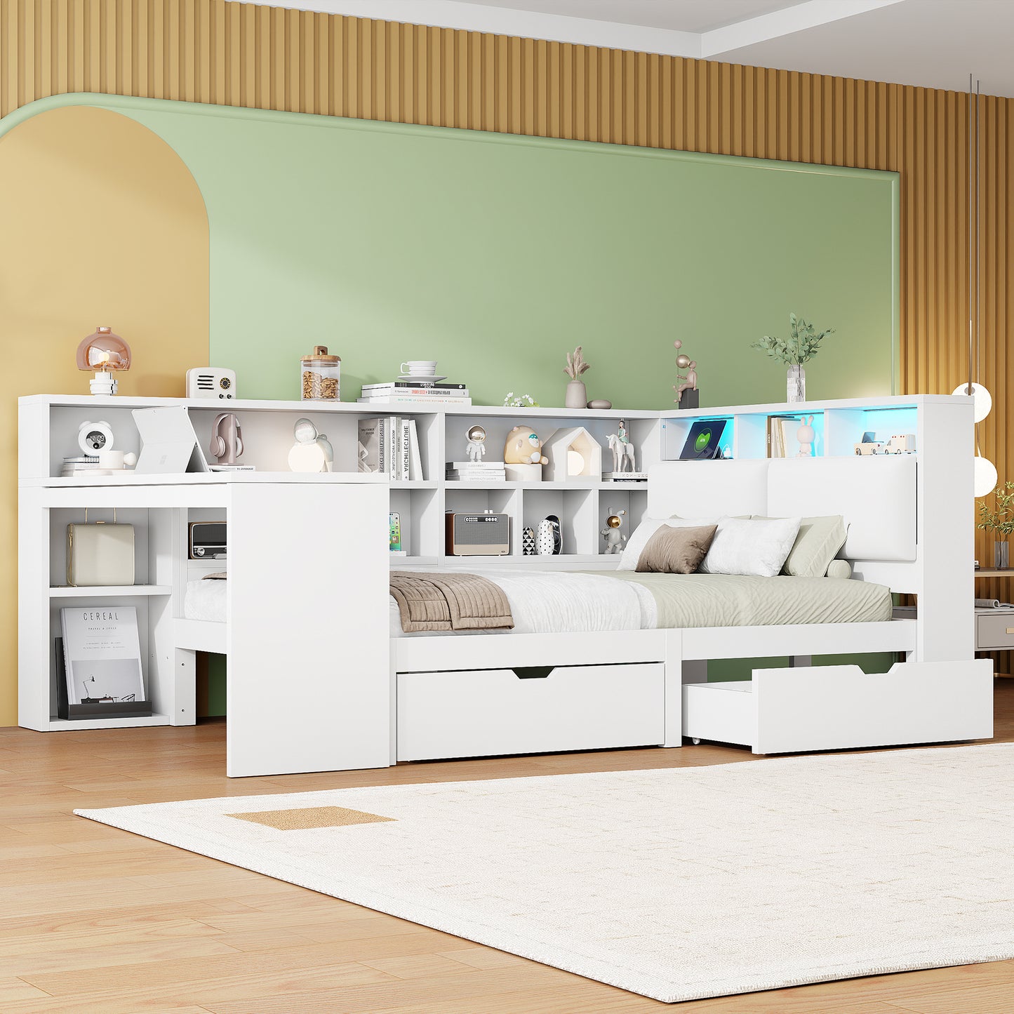 140x200 L-Shaped Wooden Platform Bed With Desk And Bookcase, Corner Captain's Bed With Upholstered Headboard, Under-Bed Drawers, LED Light - White