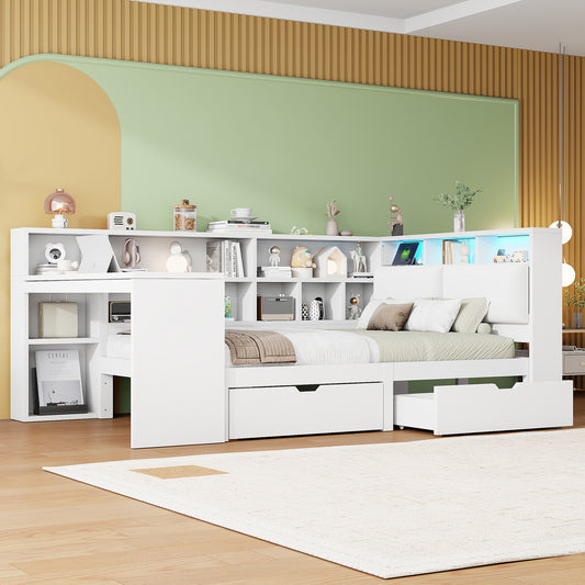 140x200 L-Shaped Wooden Platform Bed With Desk And Bookcase, Corner Captain's Bed With Upholstered Headboard, Under-Bed Drawers, LED Light - White