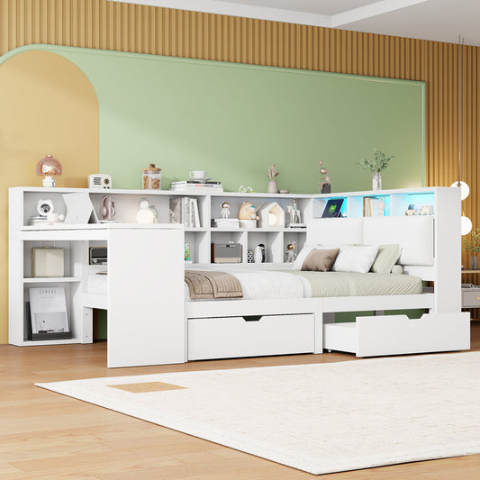 140x200 L-Shaped Wooden Platform Bed With Desk And Bookcase, Corner Captain's Bed With Upholstered Headboard, Under-Bed Drawers, LED Light - White