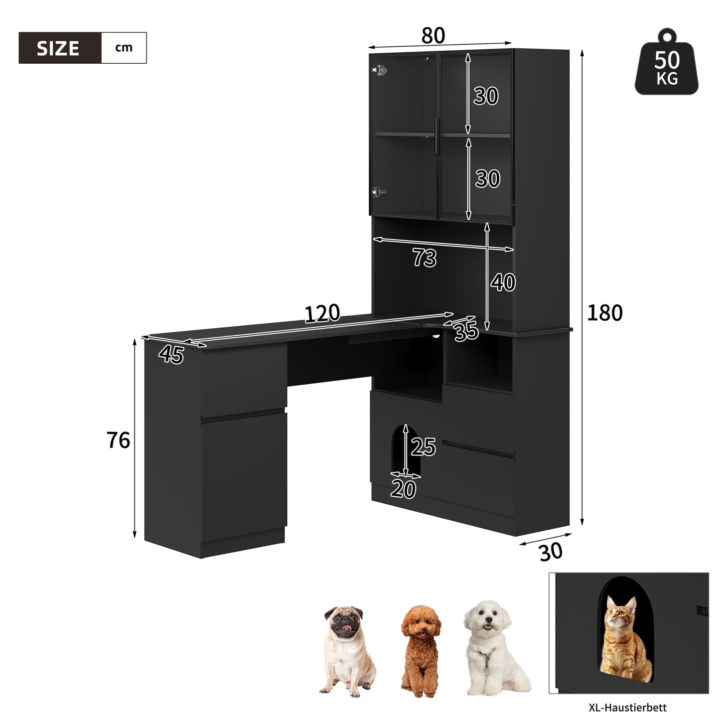 Corner Desk With Shelf And LED Display Cabinet 120x80x180 Cm- Desk With Cable Outlet, 3 Drawers, 2 Doors, Open Compartments ,A Corner Desk With Built-in Bookcase