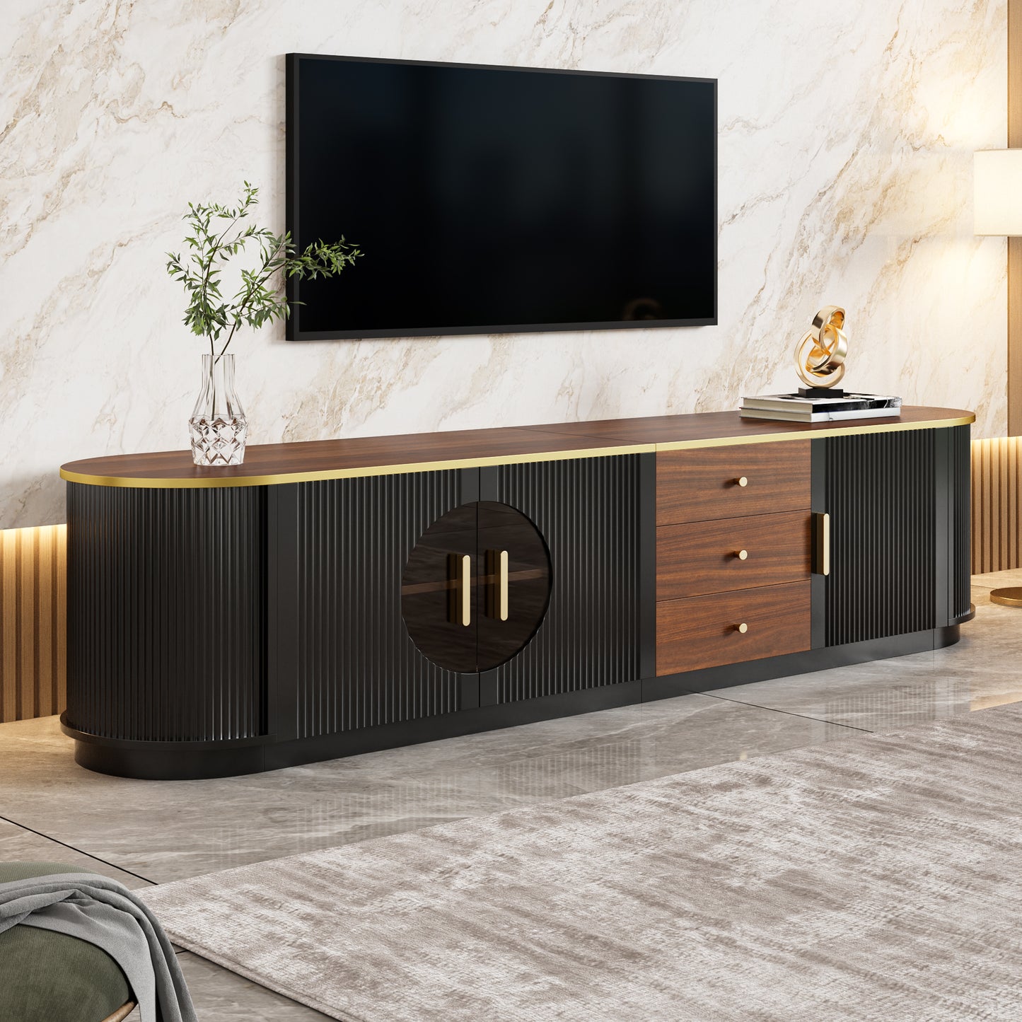Luxury Style TV Cabinet, Lowboard, Amber Glass, MDF Body, Aluminum Handles, Rounded Edges, Vertical Groove Look