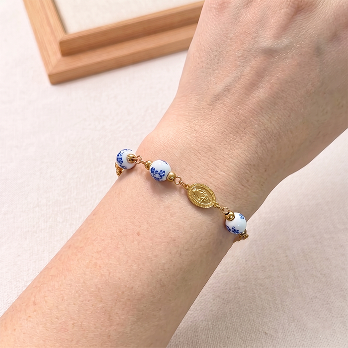 Ceramic Bead Cross Rosary Bracelet For Women, 18K Gold Plated Stainless Steel Miraculous Medal Virgin Mary Bracelet, Religious Faith Gift