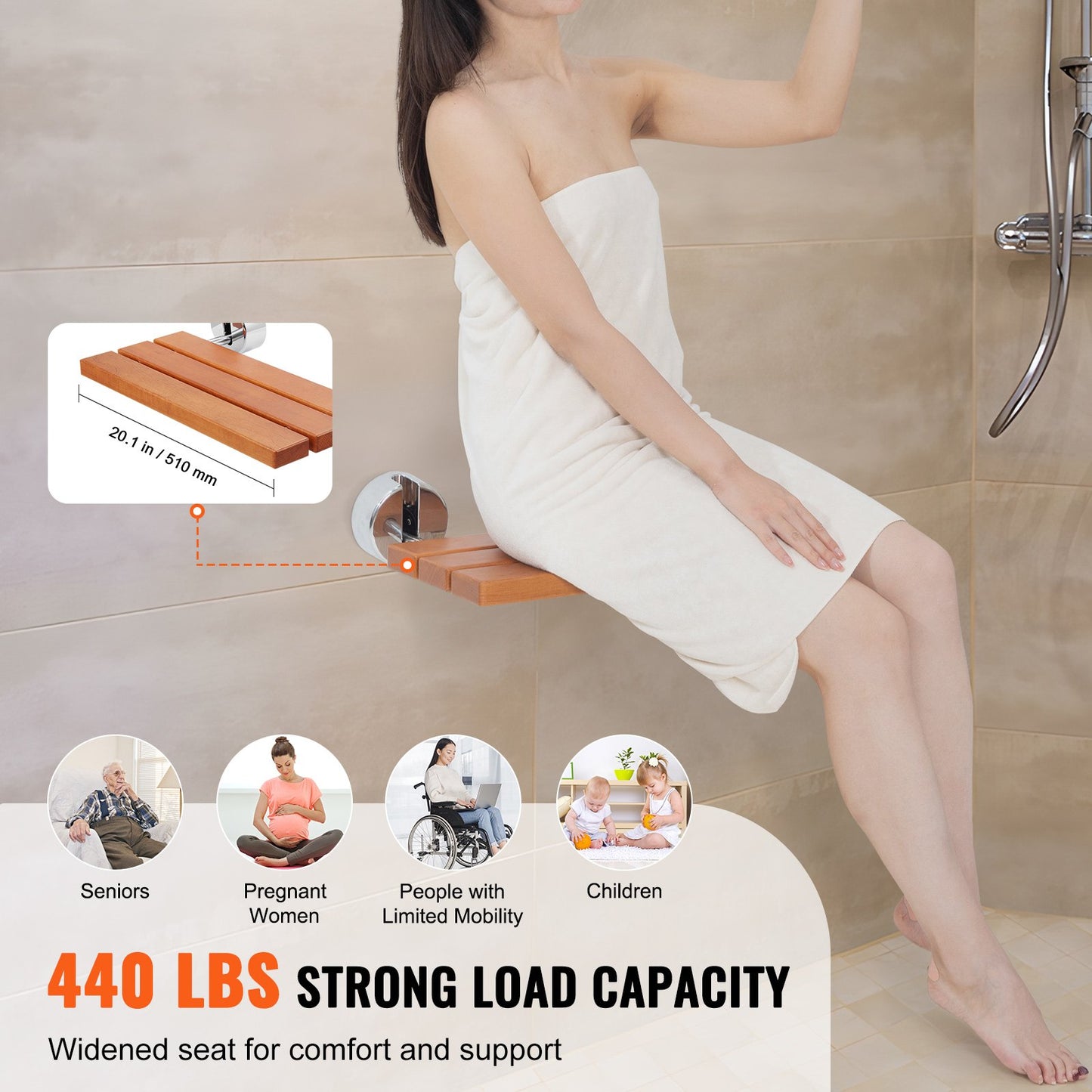 Folding Teak Shower Seat, 20.1" X 13.2" Unfolded, Wall Mounted Fold Up Shower Bench With 440 Lbs Load Capacity, Space Saving Home Care Fold Down Shower Chair, For Seniors Pregnant Women Children
