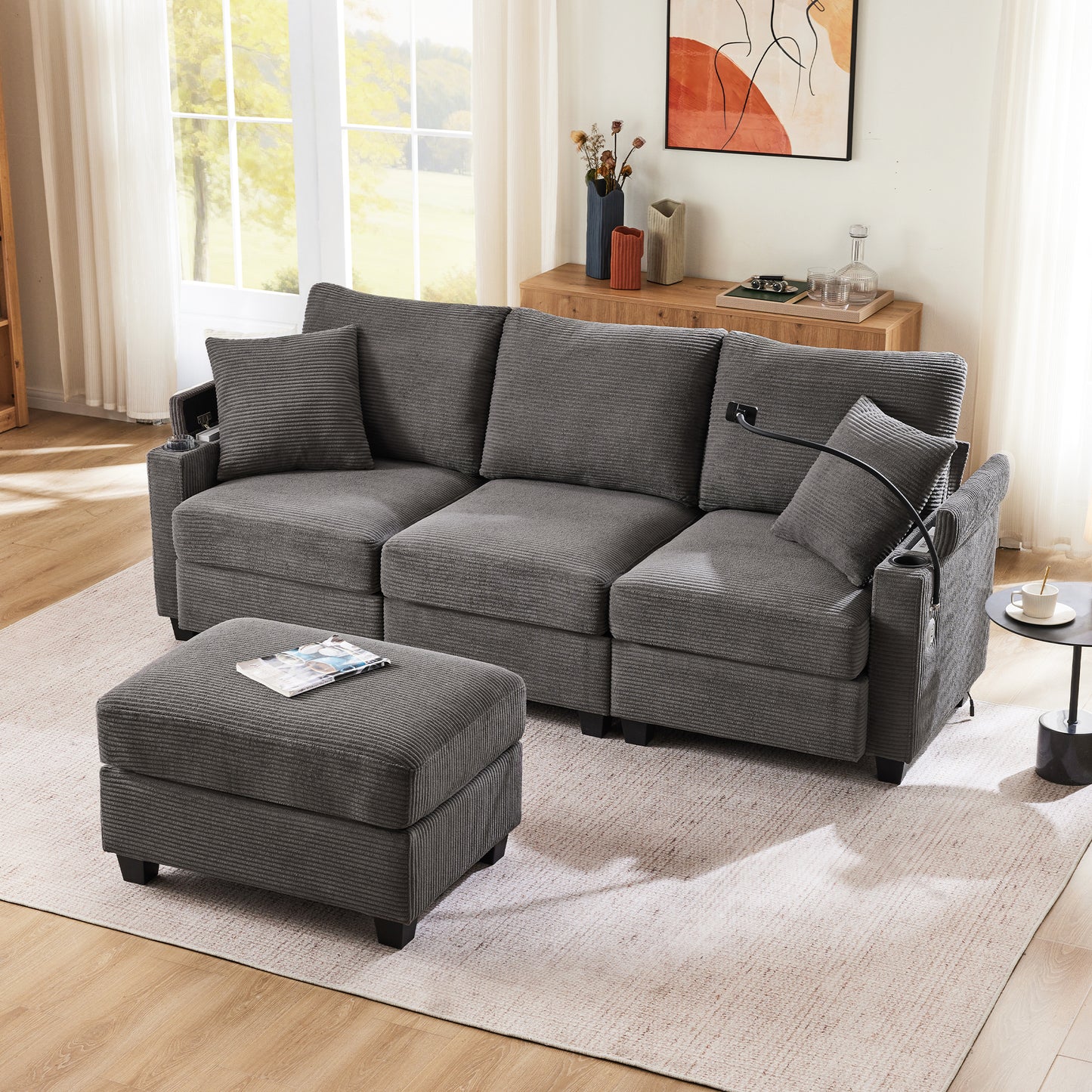 L-Shaped Corner Sofa,Convertible 3 Seater Sofa With Footstool, Cup Holder, USB Charger, Armrest Rest And 2 Cushions, Suitable For Living Room-Office-Apartment, Dark Gray