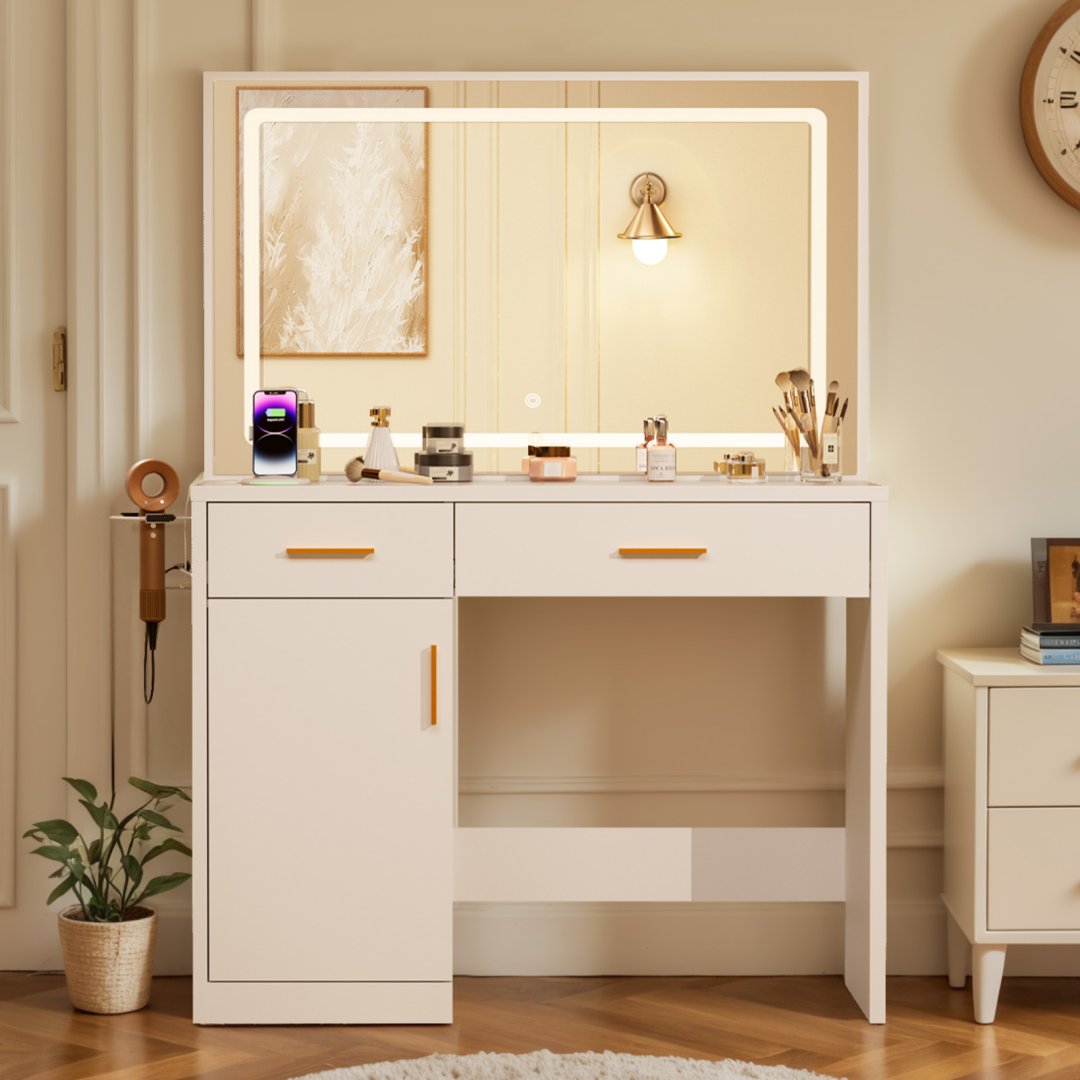 Mirror And Lights, Makeup Vanity Table With Charging Station , 2 Drawers & Large Cabinet, 3 Lighting Color Adjustable, Dressing Table