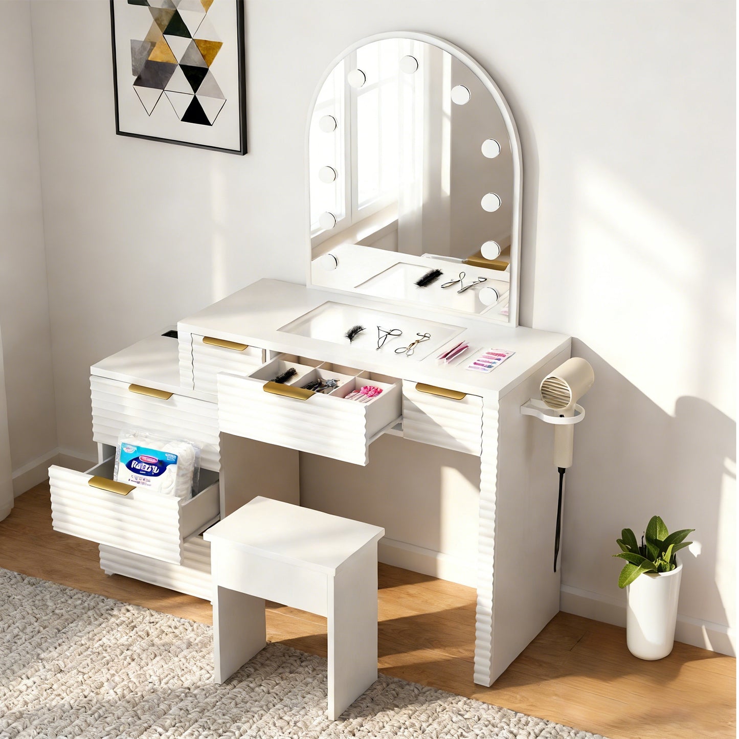 Makeup Vanity Desk With Mirror Lights Glass Tabletop 3 Lighting Modes Adjustable Vanity Table Modern Makeup Desk With Chair Power Outlet And 6 Drawers For Bedroom